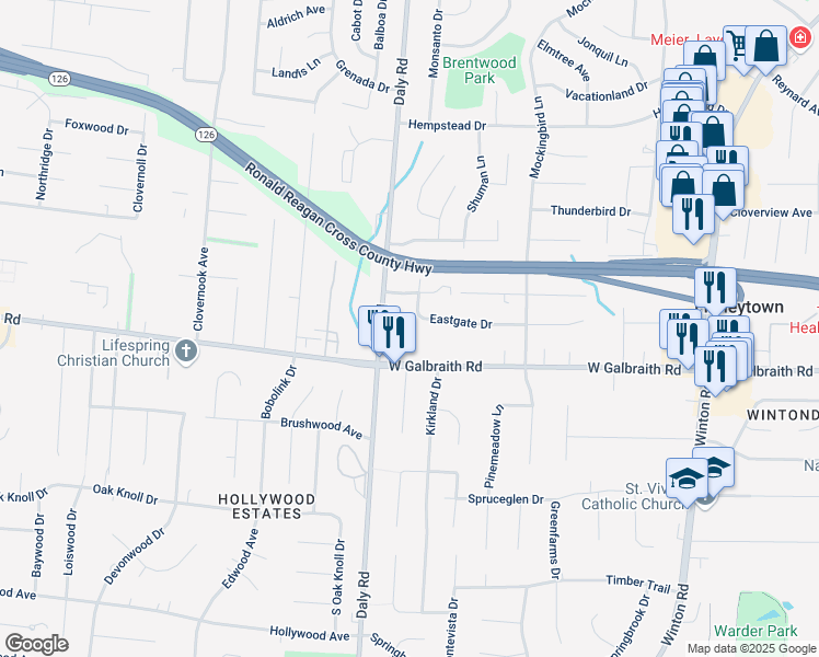 map of restaurants, bars, coffee shops, grocery stores, and more near 1158 Eastgate Drive in Cincinnati