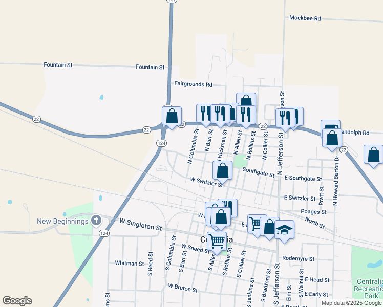 map of restaurants, bars, coffee shops, grocery stores, and more near 611 North Columbia Street in Centralia