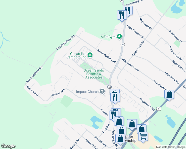 map of restaurants, bars, coffee shops, grocery stores, and more near 56 New Jersey 50 in Upper Township