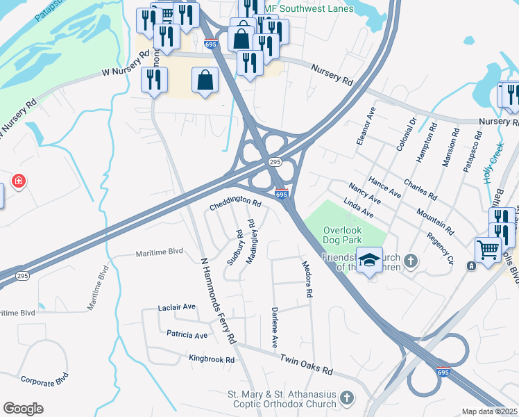 map of restaurants, bars, coffee shops, grocery stores, and more near 215 Cheddington Road in Linthicum Heights