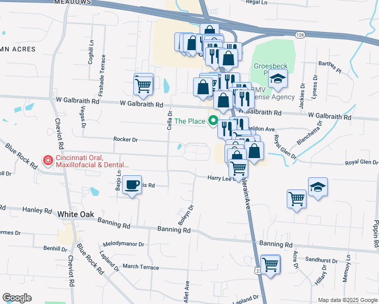map of restaurants, bars, coffee shops, grocery stores, and more near 3295 Rocker Drive in Cincinnati