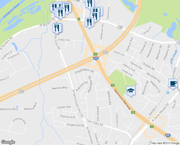 map of restaurants, bars, coffee shops, grocery stores, and more near 215 Cheddington Road in Linthicum Heights