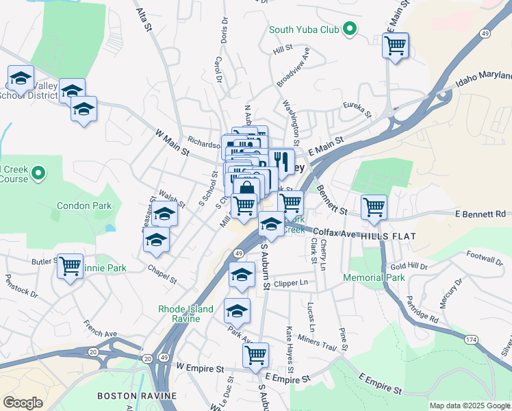 map of restaurants, bars, coffee shops, grocery stores, and more near 150 South Auburn Street in Grass Valley