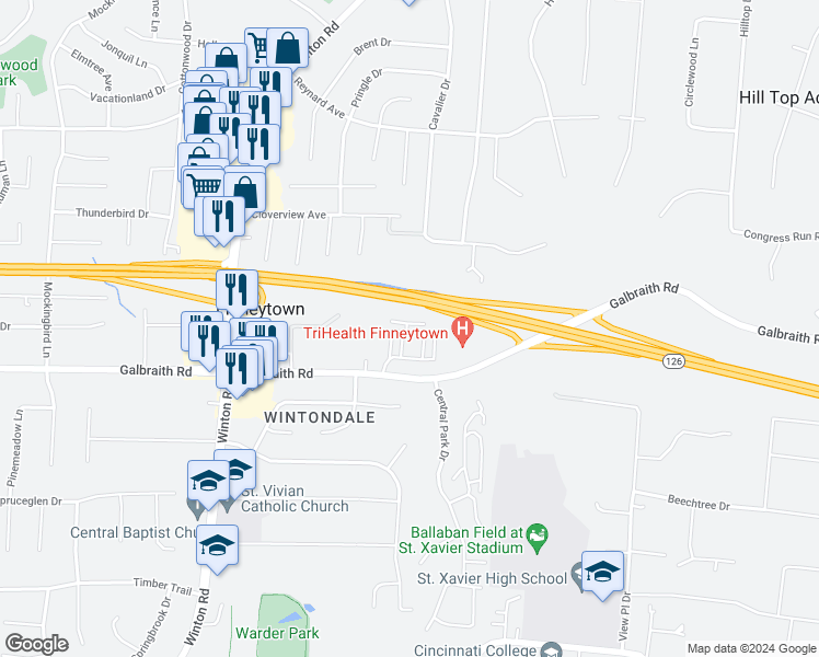 map of restaurants, bars, coffee shops, grocery stores, and more near 8284 Kingsmere Court in Cincinnati