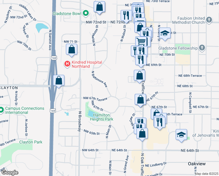 map of restaurants, bars, coffee shops, grocery stores, and more near 6801 North Baltimore Avenue in Kansas City