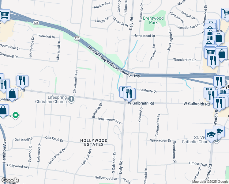 map of restaurants, bars, coffee shops, grocery stores, and more near 8292 Four Worlds Drive in Cincinnati
