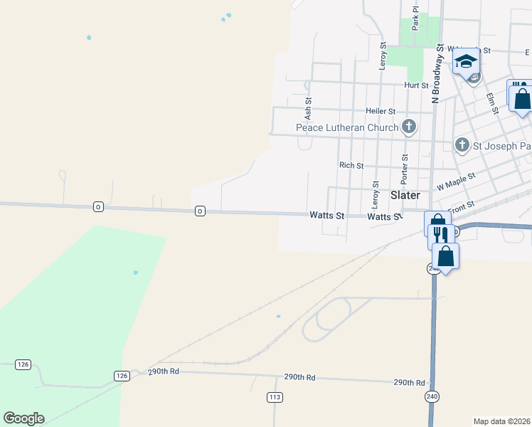 map of restaurants, bars, coffee shops, grocery stores, and more near in Slater
