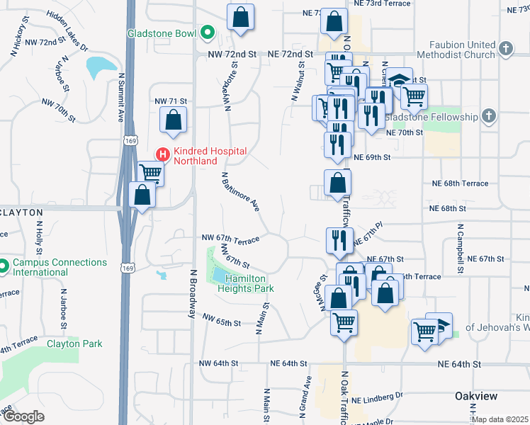 map of restaurants, bars, coffee shops, grocery stores, and more near 6801 North Baltimore Avenue in Kansas City