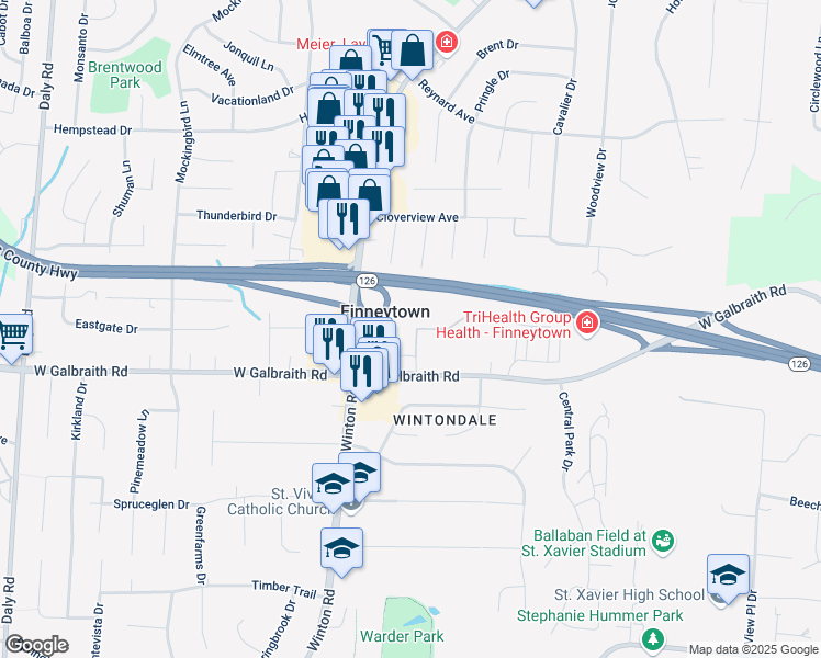 map of restaurants, bars, coffee shops, grocery stores, and more near 8215 Galbraith Point Lane in Cincinnati