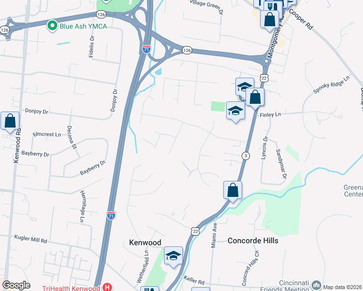 map of restaurants, bars, coffee shops, grocery stores, and more near 8852 Raiders Run Road in Cincinnati