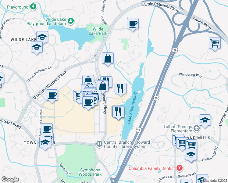 map of restaurants, bars, coffee shops, grocery stores, and more near Wincopin Circle in Columbia
