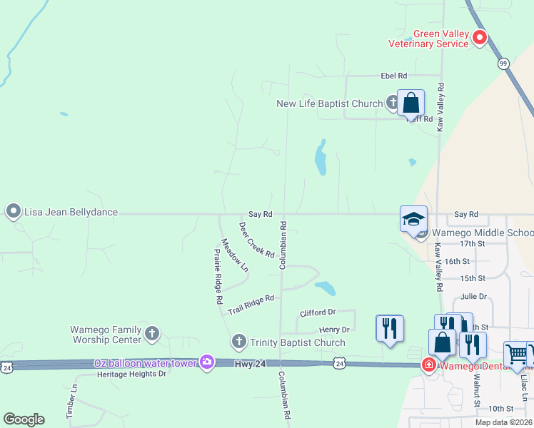 map of restaurants, bars, coffee shops, grocery stores, and more near 17159 Say Road in Wamego