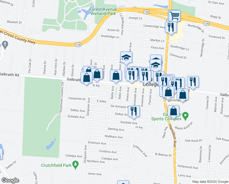 map of restaurants, bars, coffee shops, grocery stores, and more near 6832 Betts Avenue in Cincinnati