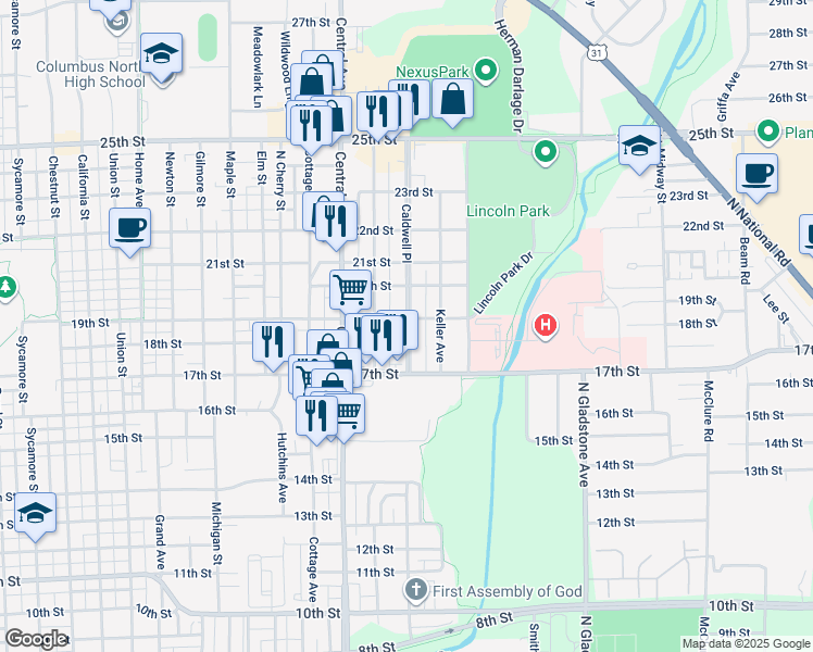map of restaurants, bars, coffee shops, grocery stores, and more near 1840 Caldwell Place in Columbus