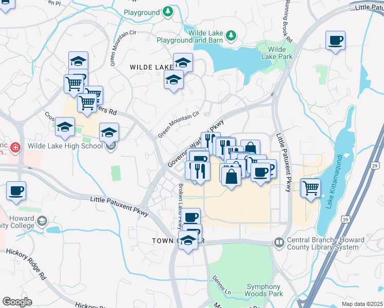 map of restaurants, bars, coffee shops, grocery stores, and more near 10201 Chestnut Park Lane in Columbia
