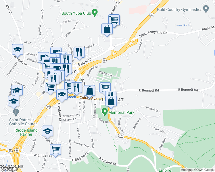 map of restaurants, bars, coffee shops, grocery stores, and more near 339 East Maryland Drive in Grass Valley