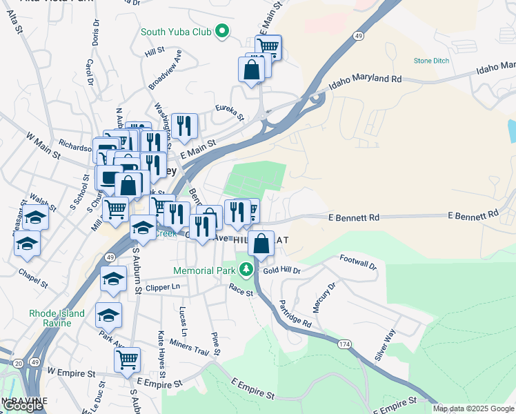map of restaurants, bars, coffee shops, grocery stores, and more near 339 East Maryland Drive in Grass Valley