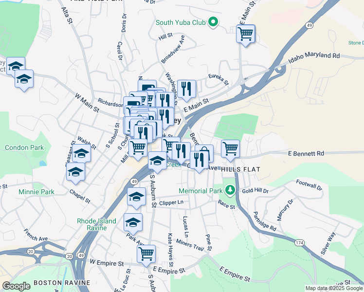 map of restaurants, bars, coffee shops, grocery stores, and more near 221 Bank Street in Grass Valley