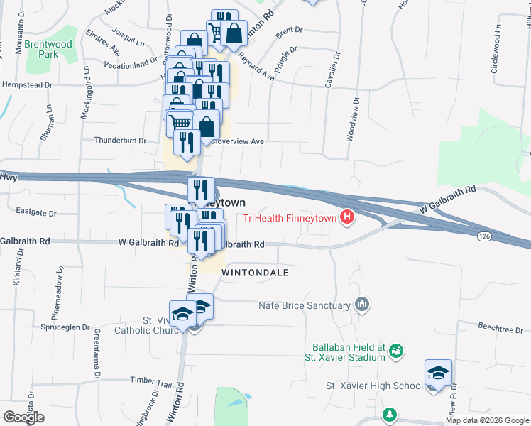 map of restaurants, bars, coffee shops, grocery stores, and more near 8281 Sunrise Avenue in Cincinnati