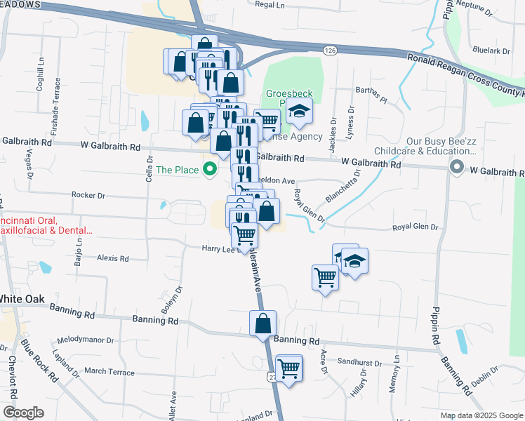 map of restaurants, bars, coffee shops, grocery stores, and more near 7878 Colerain Avenue in Cincinnati