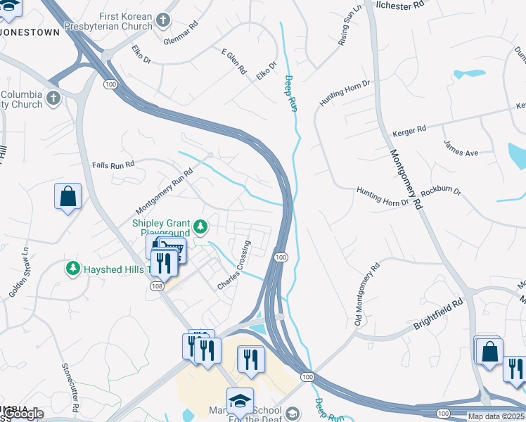 map of restaurants, bars, coffee shops, grocery stores, and more near 8613 Falls Run Road in Ellicott City