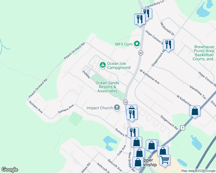 map of restaurants, bars, coffee shops, grocery stores, and more near 56 New Jersey 50 in Upper Township