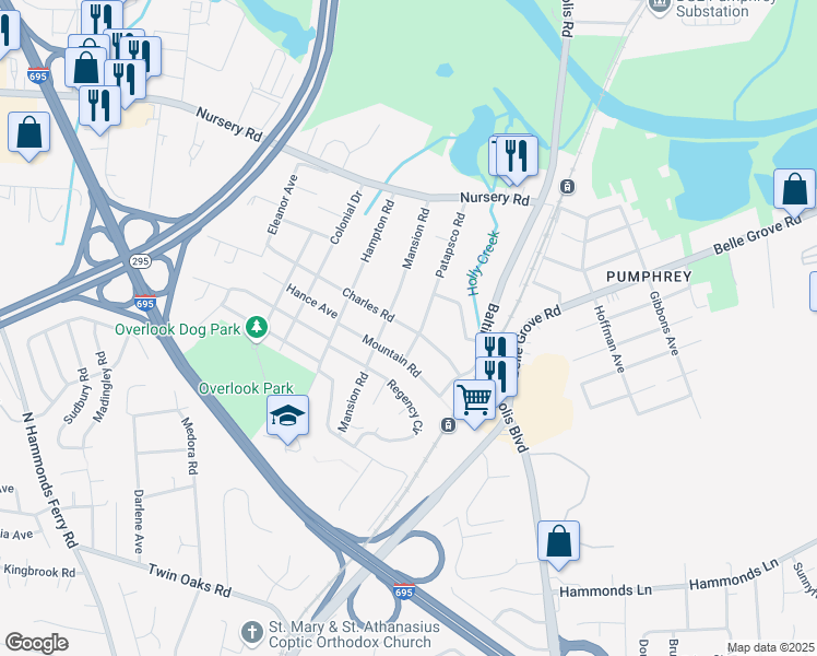 map of restaurants, bars, coffee shops, grocery stores, and more near 44 Patapsco Road in Linthicum Heights
