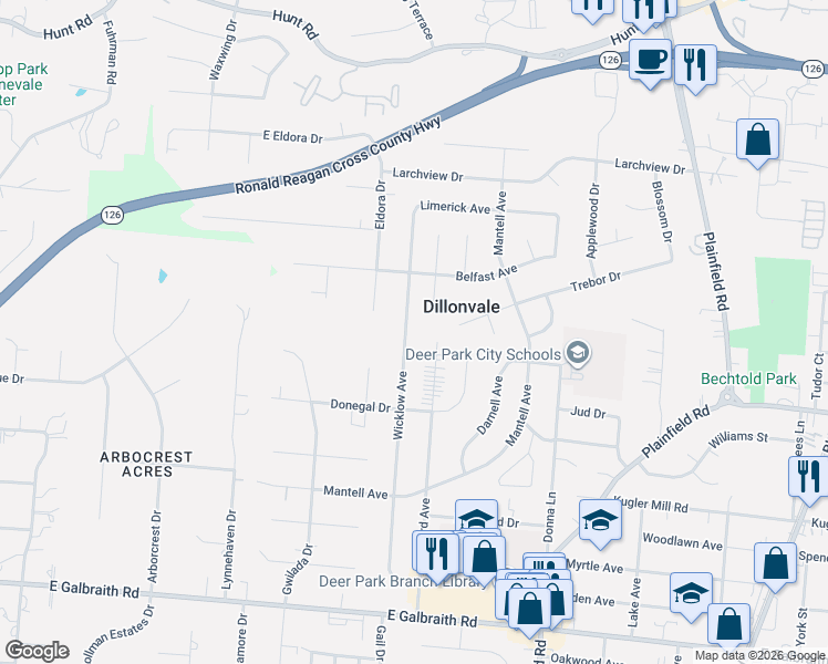 map of restaurants, bars, coffee shops, grocery stores, and more near 8614 Wicklow Avenue in Cincinnati