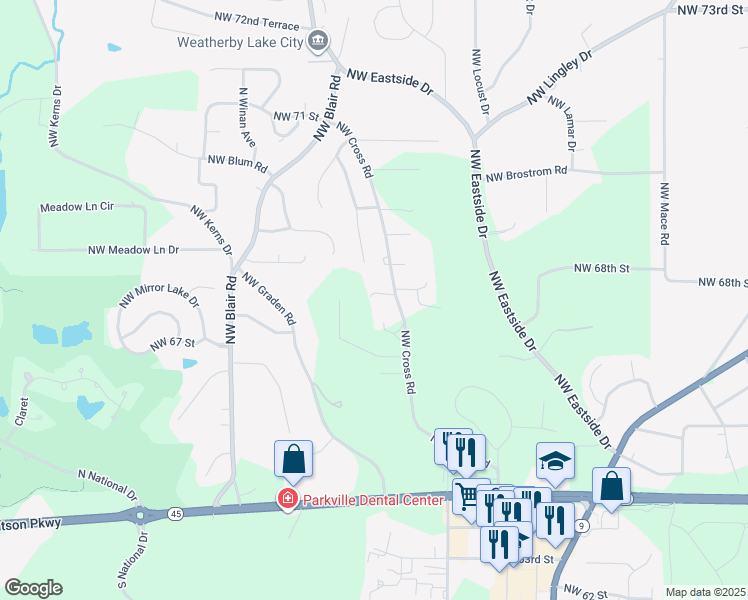 map of restaurants, bars, coffee shops, grocery stores, and more near 6808 Northwest Cross Road in Parkville
