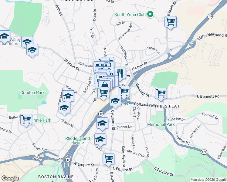 map of restaurants, bars, coffee shops, grocery stores, and more near 150 South Auburn Street in Grass Valley