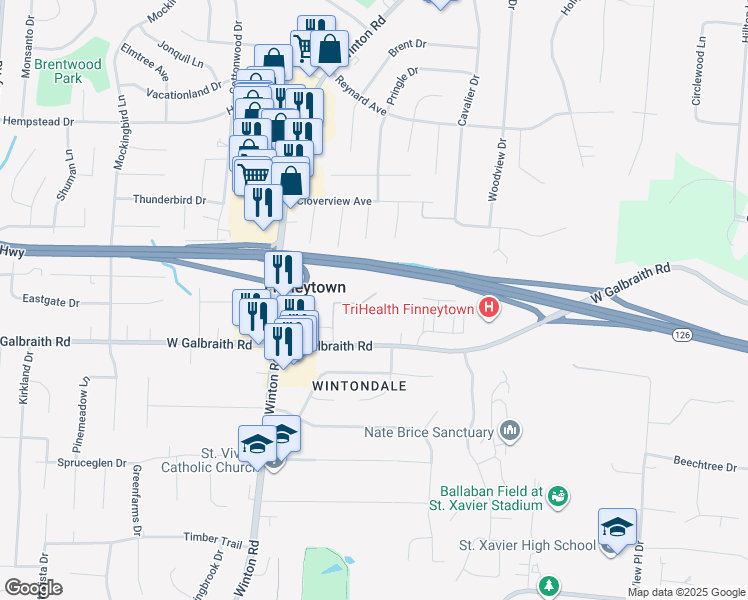 map of restaurants, bars, coffee shops, grocery stores, and more near 8232 Galbraith Point Lane in Cincinnati