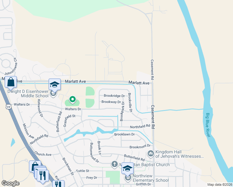 map of restaurants, bars, coffee shops, grocery stores, and more near 320 Brookridge Drive in Manhattan