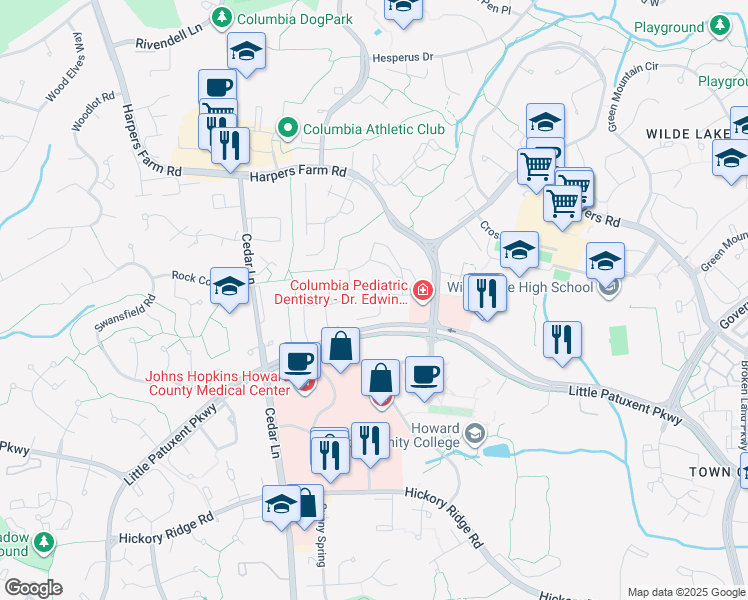 map of restaurants, bars, coffee shops, grocery stores, and more near 6101 Turnabout Lane in Columbia