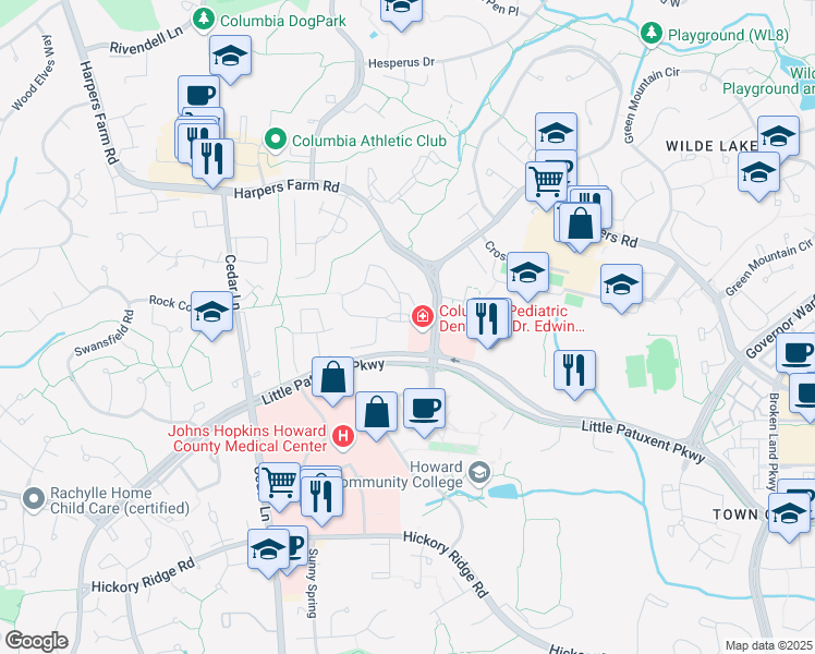 map of restaurants, bars, coffee shops, grocery stores, and more near 5951 Turnabout Lane in Columbia