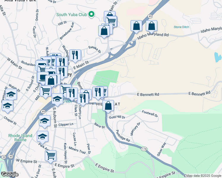 map of restaurants, bars, coffee shops, grocery stores, and more near 331 Northstar Place in Grass Valley