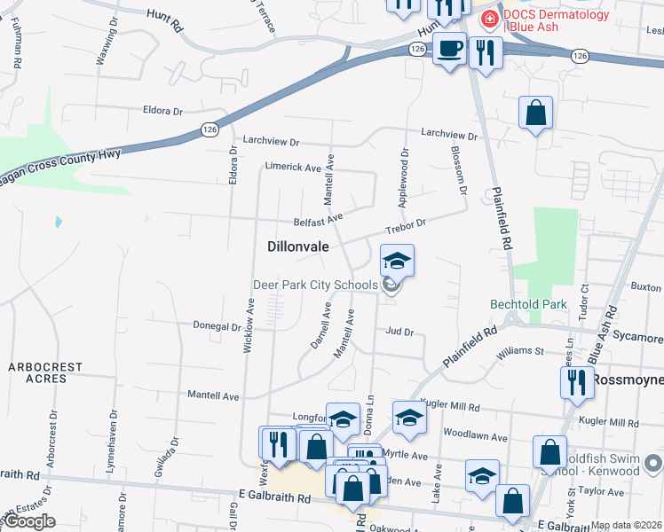 map of restaurants, bars, coffee shops, grocery stores, and more near 8616 Dundalk Court in Cincinnati