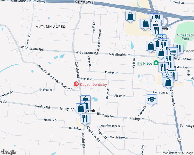 map of restaurants, bars, coffee shops, grocery stores, and more near 3422 Nandale Drive in Cincinnati