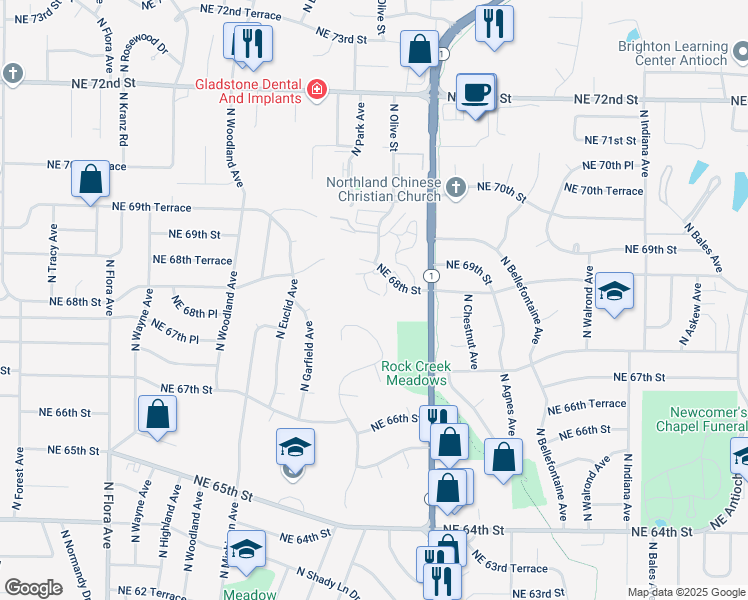 map of restaurants, bars, coffee shops, grocery stores, and more near 2303 Northeast 68th Street in Kansas City