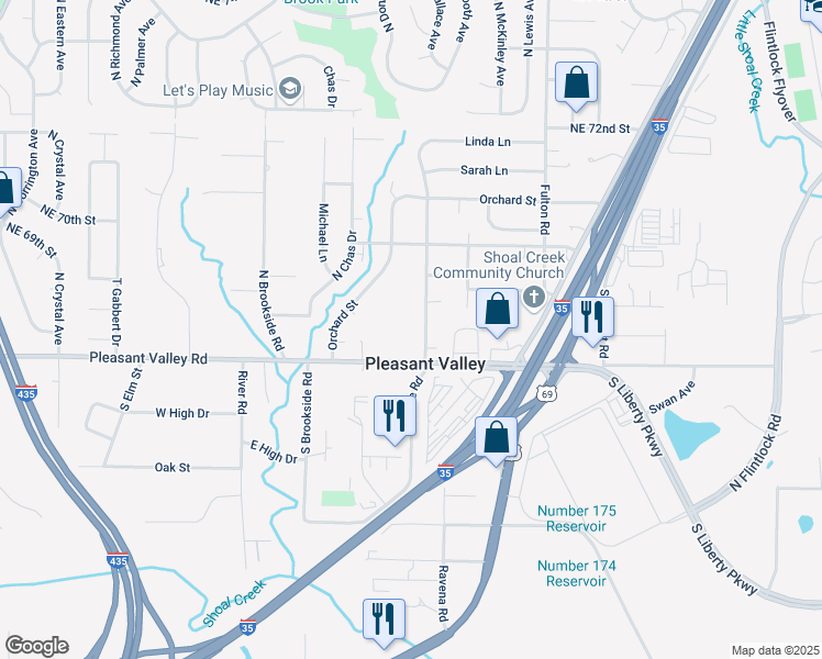 map of restaurants, bars, coffee shops, grocery stores, and more near 6800 Sobbie Road in Pleasant Valley