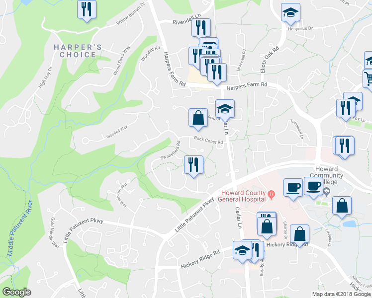 map of restaurants, bars, coffee shops, grocery stores, and more near 10946 Millbank Row in Columbia