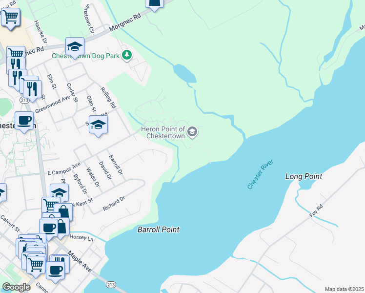 map of restaurants, bars, coffee shops, grocery stores, and more near 501 East Campus Avenue in Chestertown