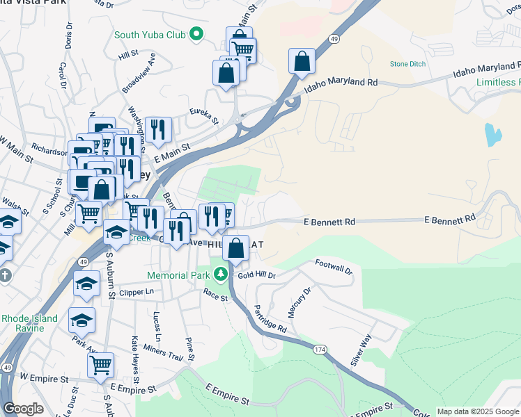 map of restaurants, bars, coffee shops, grocery stores, and more near 121 Ironhorse Place in Grass Valley