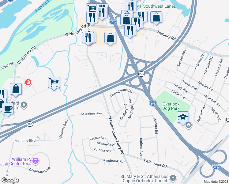 map of restaurants, bars, coffee shops, grocery stores, and more near 316 Cheddington Road in Linthicum Heights