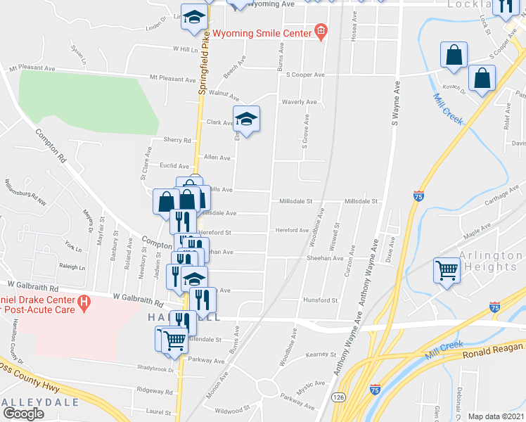 map of restaurants, bars, coffee shops, grocery stores, and more near 8453 Burns Avenue in Cincinnati