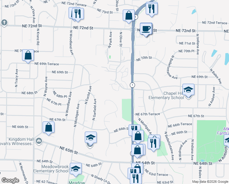 map of restaurants, bars, coffee shops, grocery stores, and more near 2487 Northeast 68th Street in Gladstone