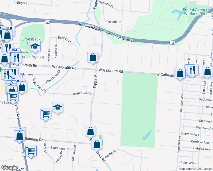 map of restaurants, bars, coffee shops, grocery stores, and more near 2454 Pinwood Lane in Cincinnati