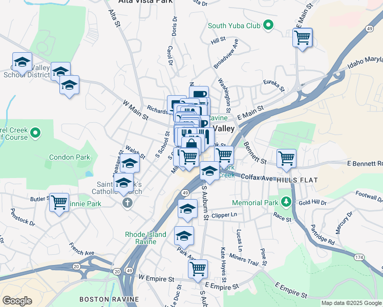 map of restaurants, bars, coffee shops, grocery stores, and more near 153 Mill Street in Grass Valley