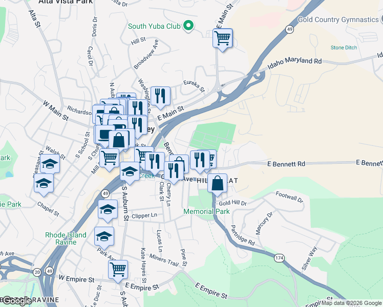 map of restaurants, bars, coffee shops, grocery stores, and more near 311 East Maryland Drive in Grass Valley