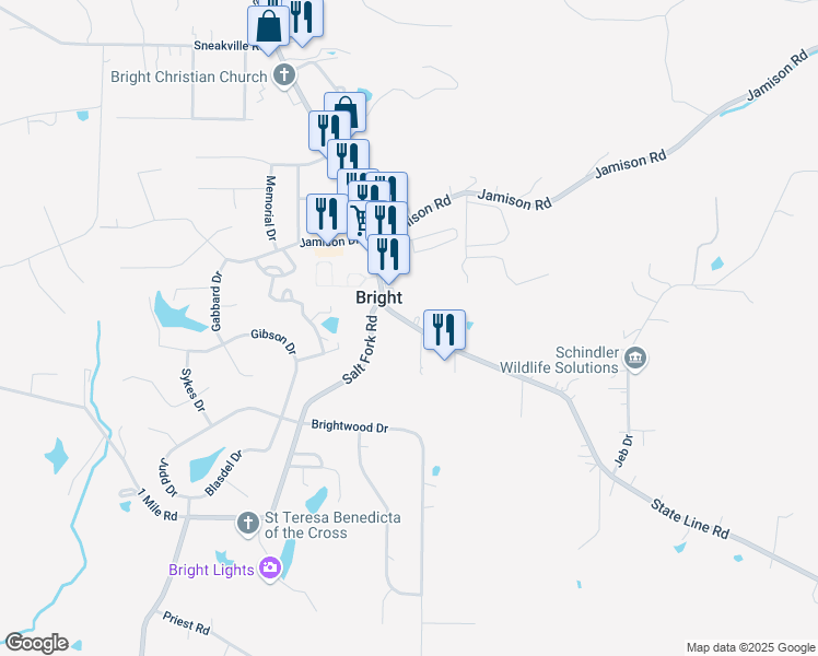 map of restaurants, bars, coffee shops, grocery stores, and more near 23966 State Line Road in Lawrenceburg