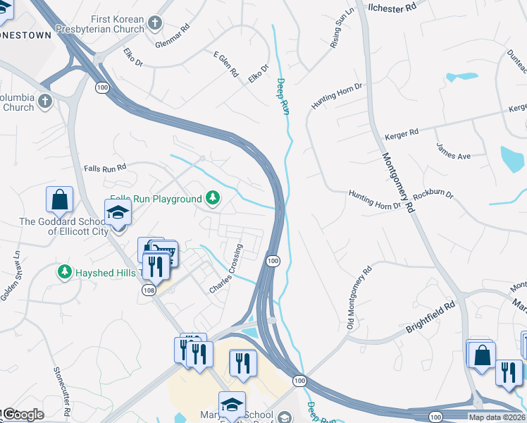 map of restaurants, bars, coffee shops, grocery stores, and more near 8613 Falls Run Road in Ellicott City